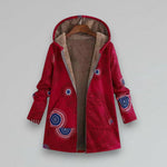 Boho winter jacket, hooded red with blue circular embroidery and zip front