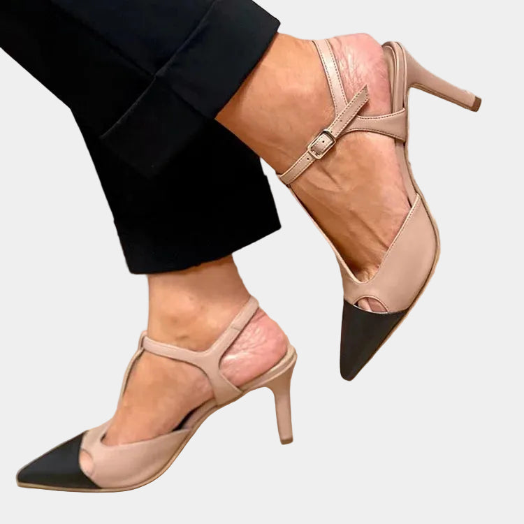 Two-tone heeled sandals with pointed toe and ankle strap, beige with dark accents