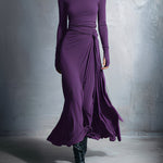 Purple maxi silk dress with long sleeves, ruched front, and knotted waist detail