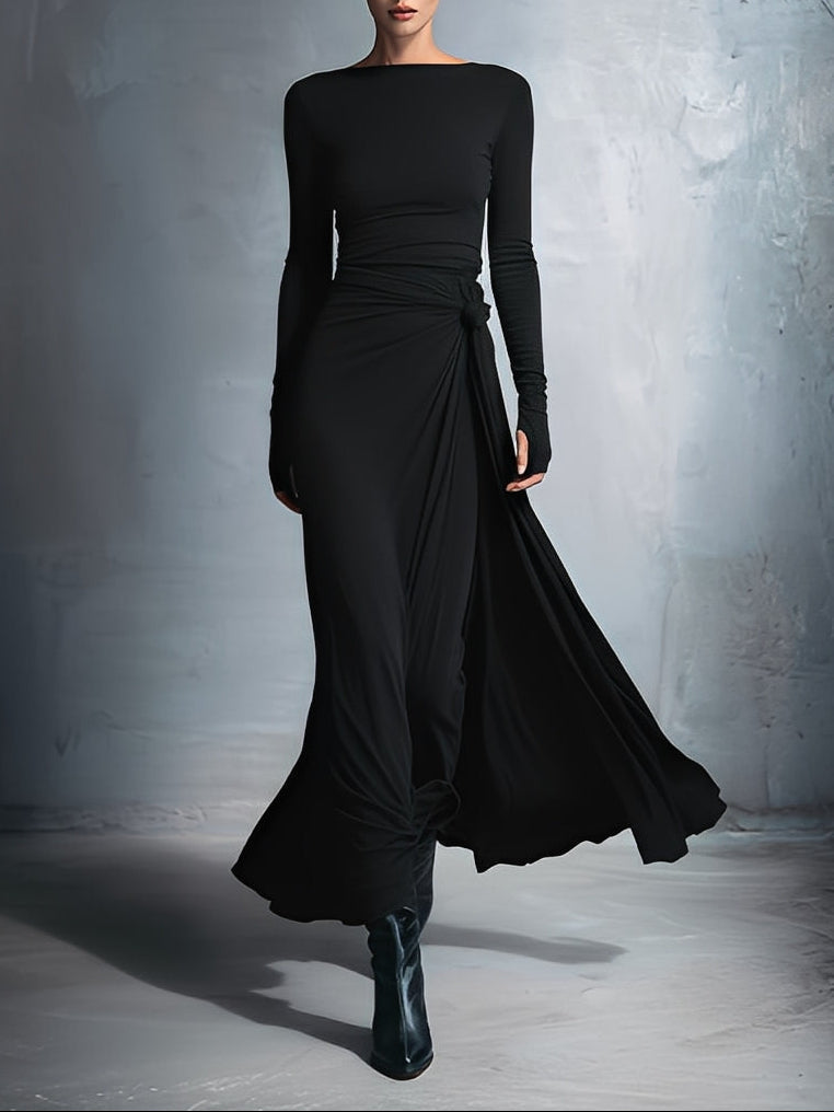 Naomie maxi dress with silk knot, long sleeves, ruched drape, black