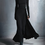 Naomie maxi dress with silk knot, long sleeves, ruched drape, black