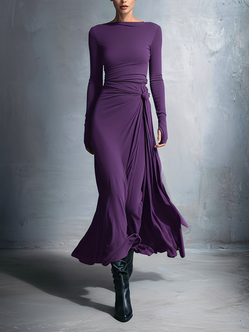 Naomie maxi dress with silk knot, long sleeves, ruched wrap, purple