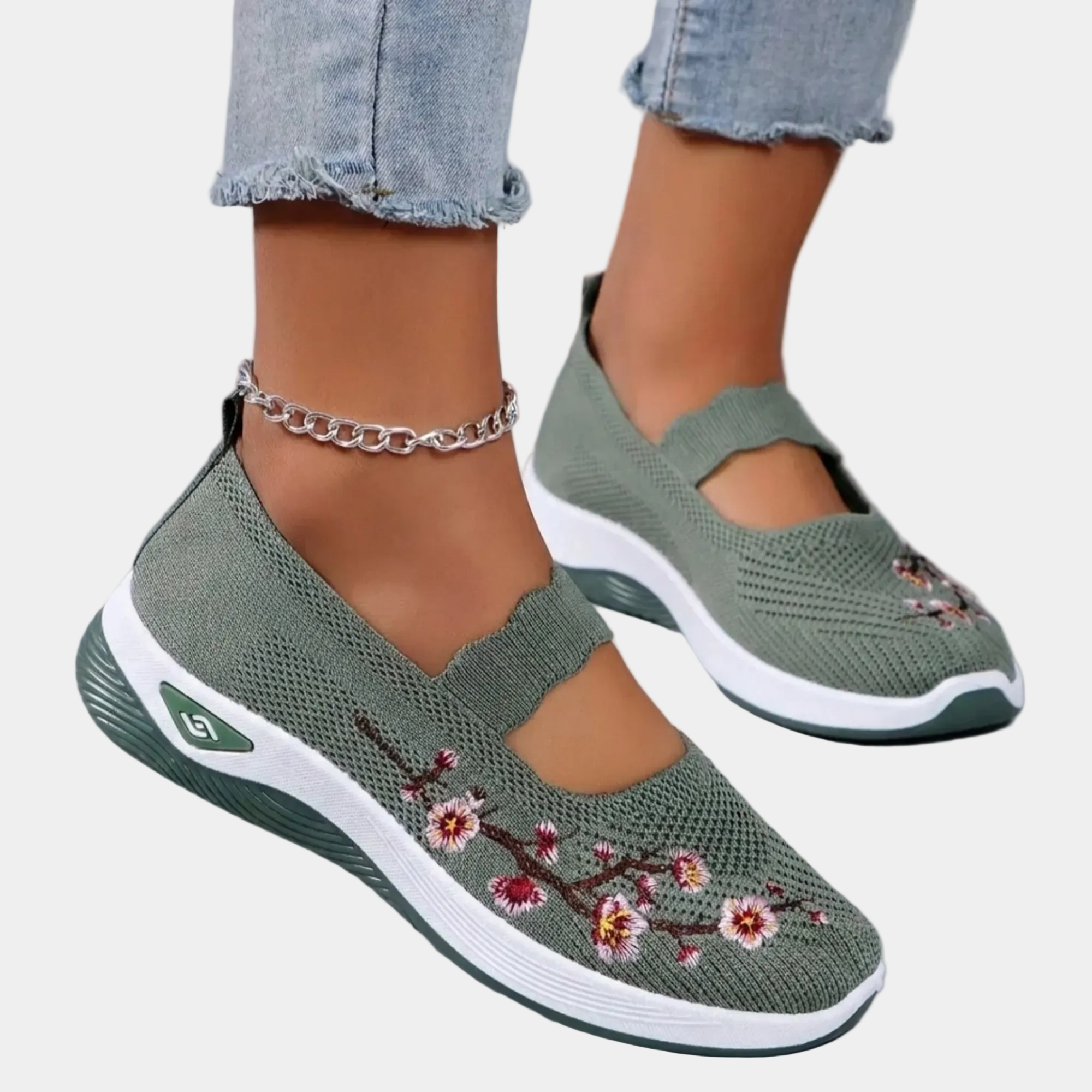 Green knit summer slip-on orthopedic shoes with ankle chain strap and floral embroidery