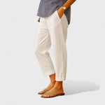Off-white linen-cotton summer pants, relaxed fit with cuffed cropped hem