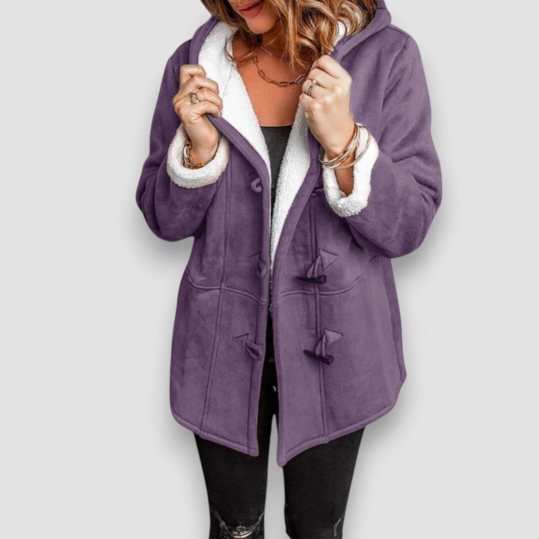 Purple hooded winter jacket with soft sherpa lining, toggle front, and sherpa cuffs