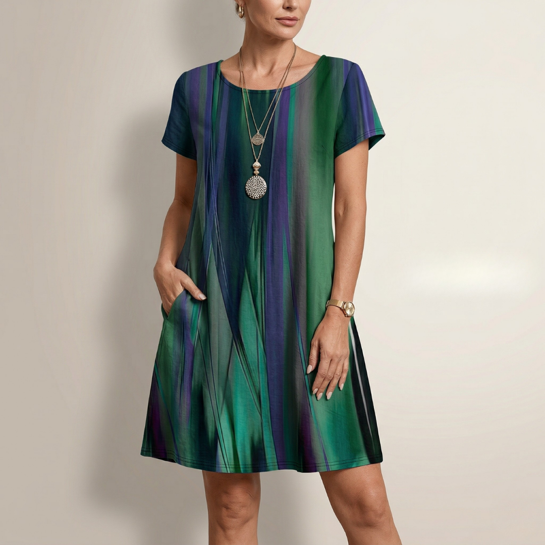 Short-sleeve striped dress in green and purple with round neckline