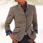 Women’s high-collar tailored blazer, heather gray with blue lining, button front, flap pockets