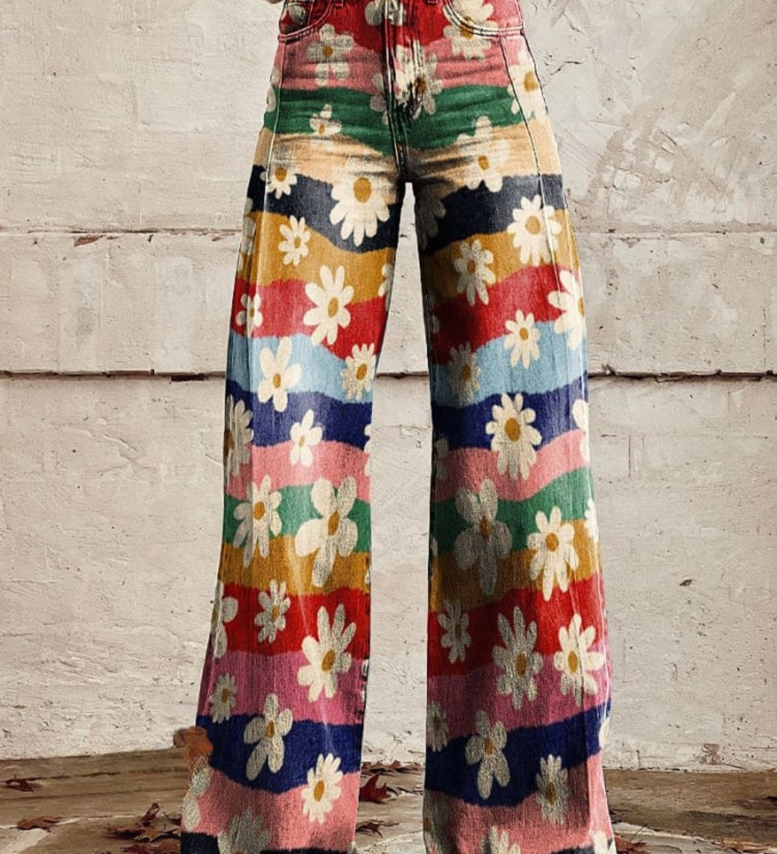High-waist wide-leg boho pants with multicolor floral patchwork