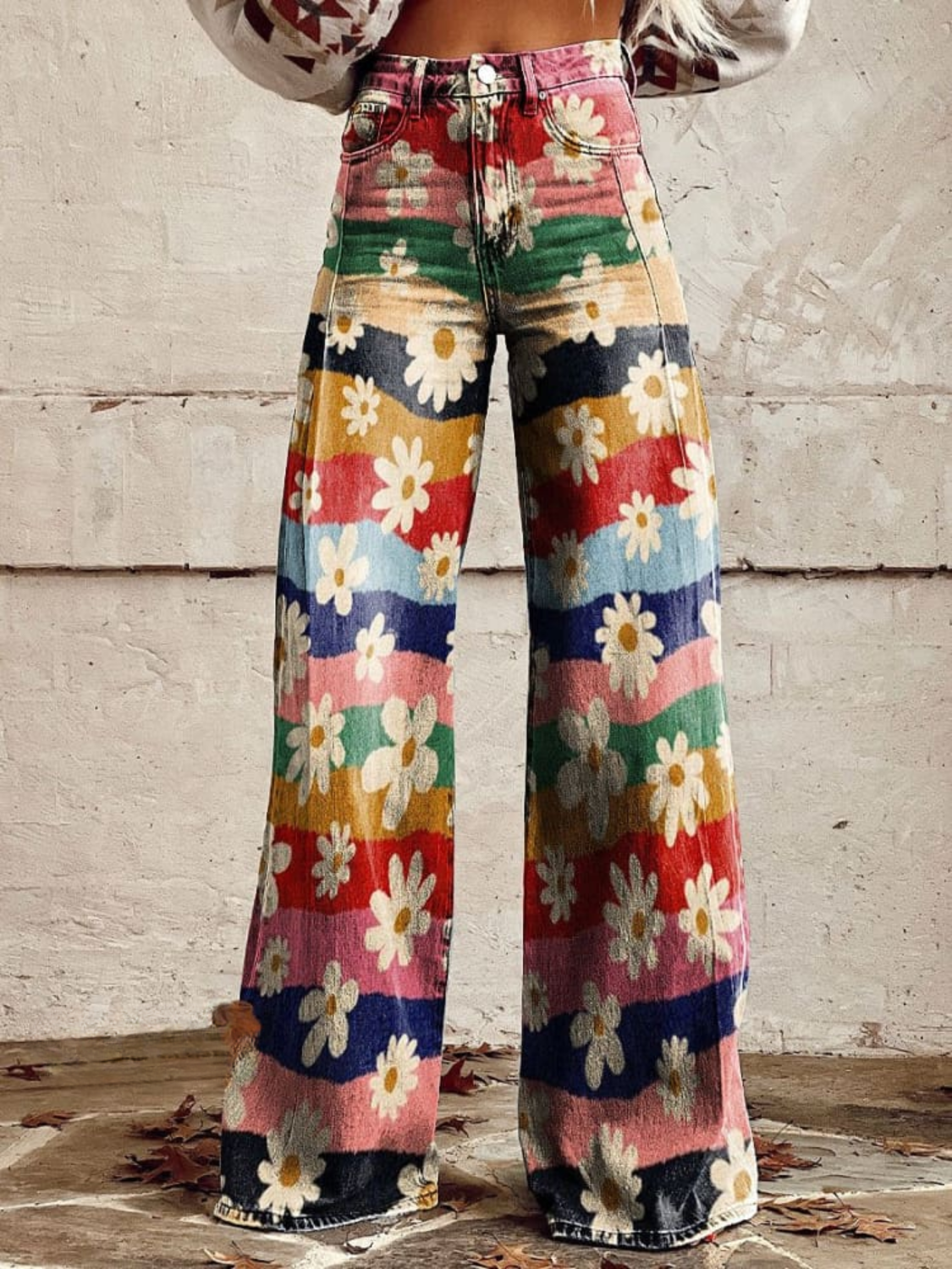 High-waist wide-leg boho pants with multicolor floral patchwork