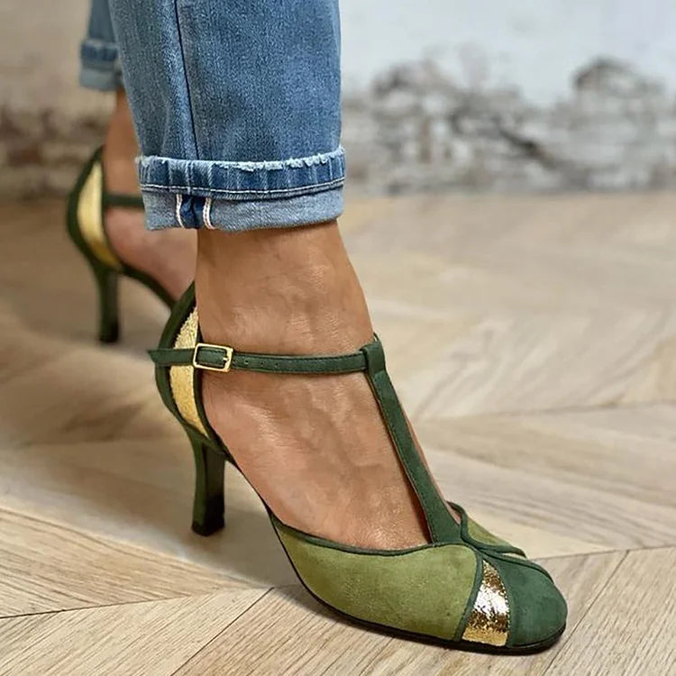 Myrrha green high-heel pumps with ankle strap, stiletto heel, and gold toe trim