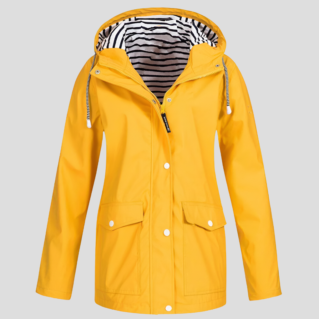 Miruna hooded loose-fit jacket, yellow, drawstring, button front, chest pockets