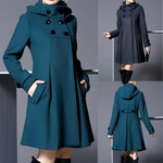 Women’s hooded coat set: teal and dark navy, double-breasted buttons and flap pockets