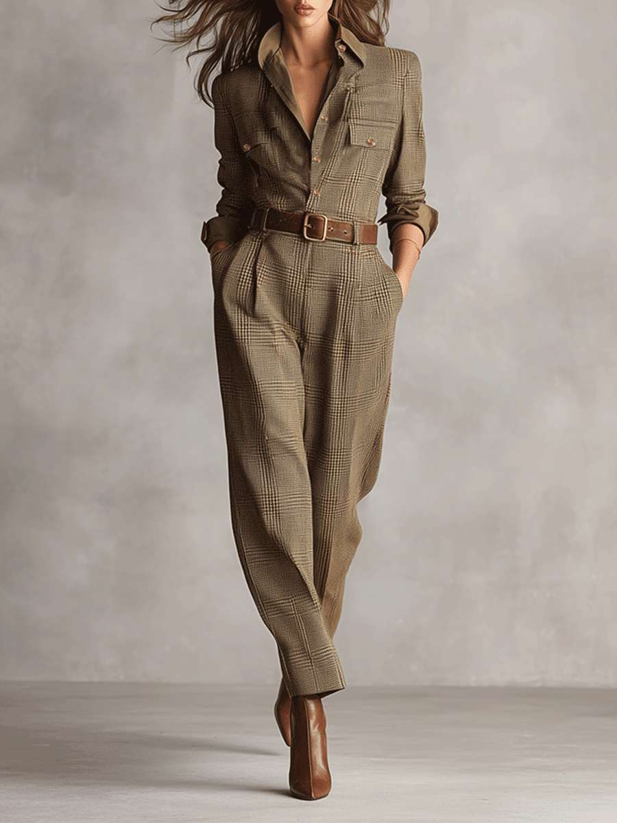 Plaid collared jumpsuit with long sleeves, buttoned chest pockets, and waist belt