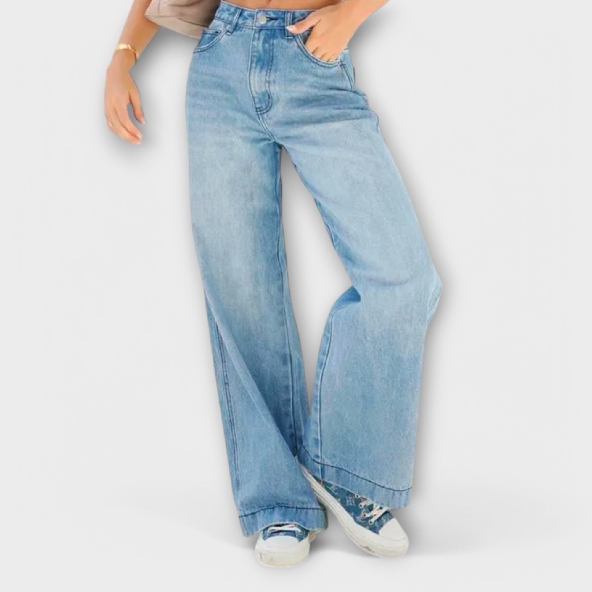 Women's light-wash wide-leg denim trousers with front button fly and side pockets