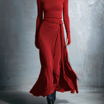 Naomie maxi dress with silk knot, long sleeves, ruched drape, burgundy red