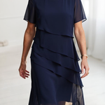Navy short-sleeve layered chiffon dress with tiered ruffle skirt