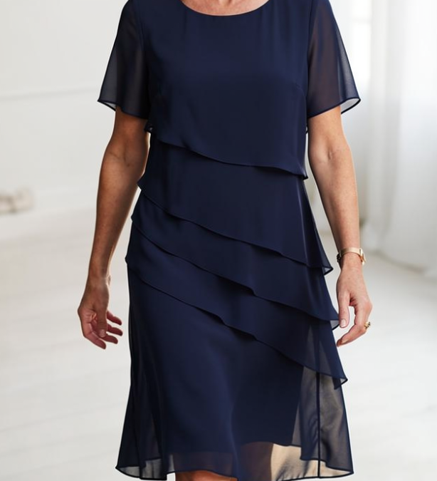Navy short-sleeve layered chiffon dress with tiered ruffle skirt