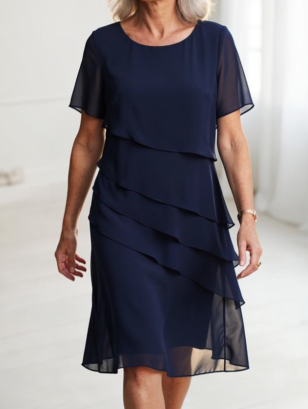 Navy short-sleeve layered chiffon dress with tiered ruffle skirt