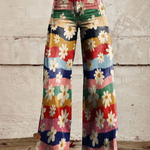 High-waist wide-leg boho pants with multicolor floral patchwork