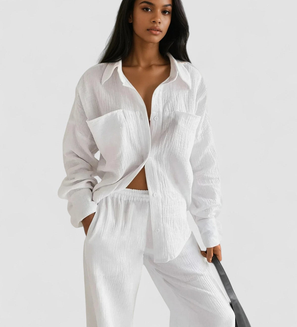 White linen-look button-up shirt and wide-leg pants set, loose fit