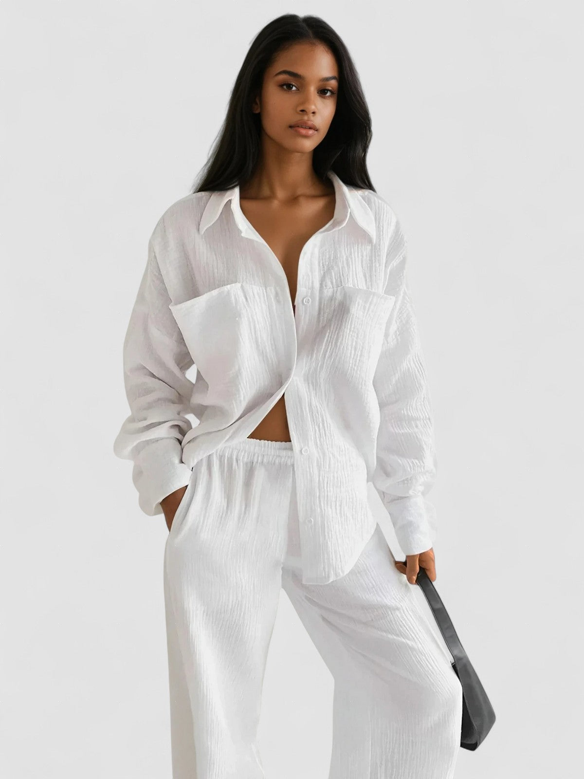 White linen-look button-up shirt and wide-leg pants set, loose fit