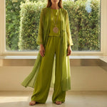 Olive green wide-leg pants set with draped kimono overlay and round-neck top