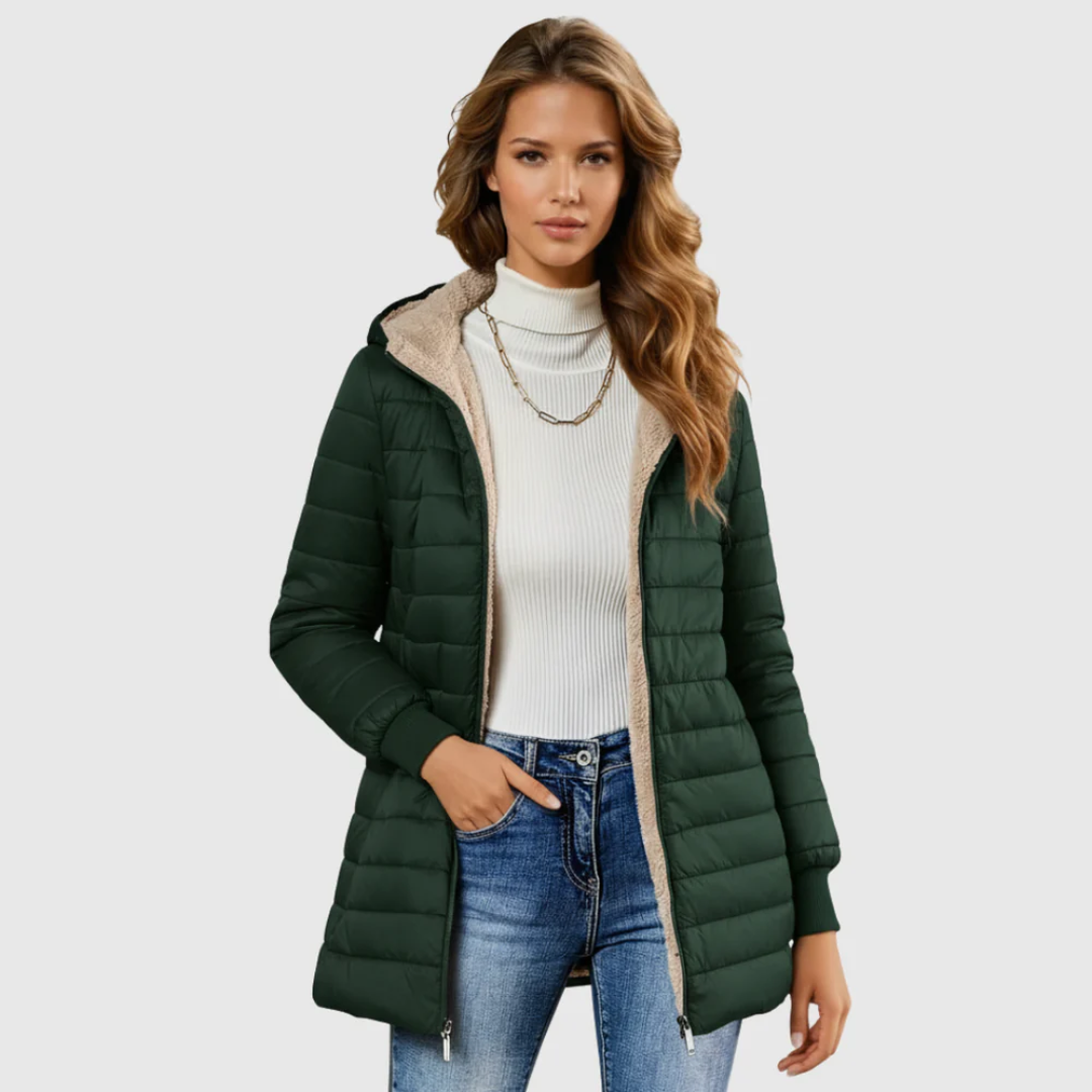 Puffy winter coat in dark green, quilted puffer with sherpa-lined hood and zips