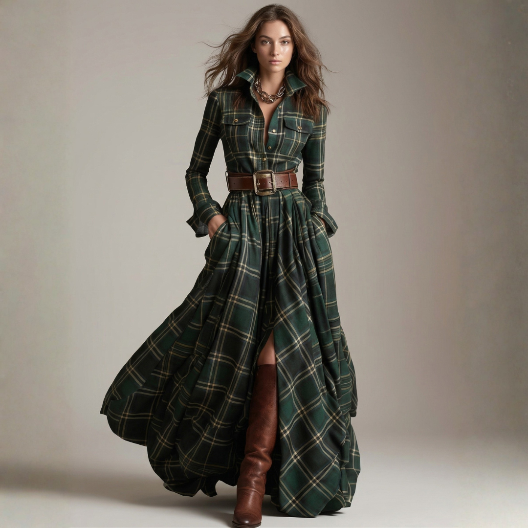 Green plaid belted maxi shirt dress with front buttons and waist belt, side slit