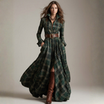 Green plaid belted maxi shirt dress with front buttons and waist belt, side slit