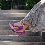 Violet high-heel peep-toe sandals with ankle strap and pointed stiletto heel
