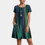 Green and purple striped satin-like dress with short sleeves and round neckline