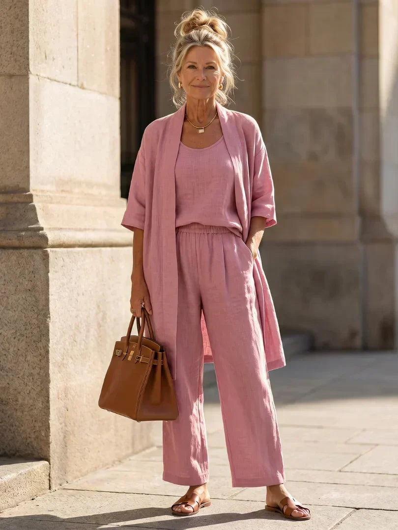 Lightweight lingerie set in dusty pink: scoop-neck top, wide-leg pants, short robe