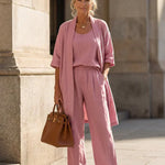 Lightweight lingerie set in dusty pink: scoop-neck top, wide-leg pants, short robe