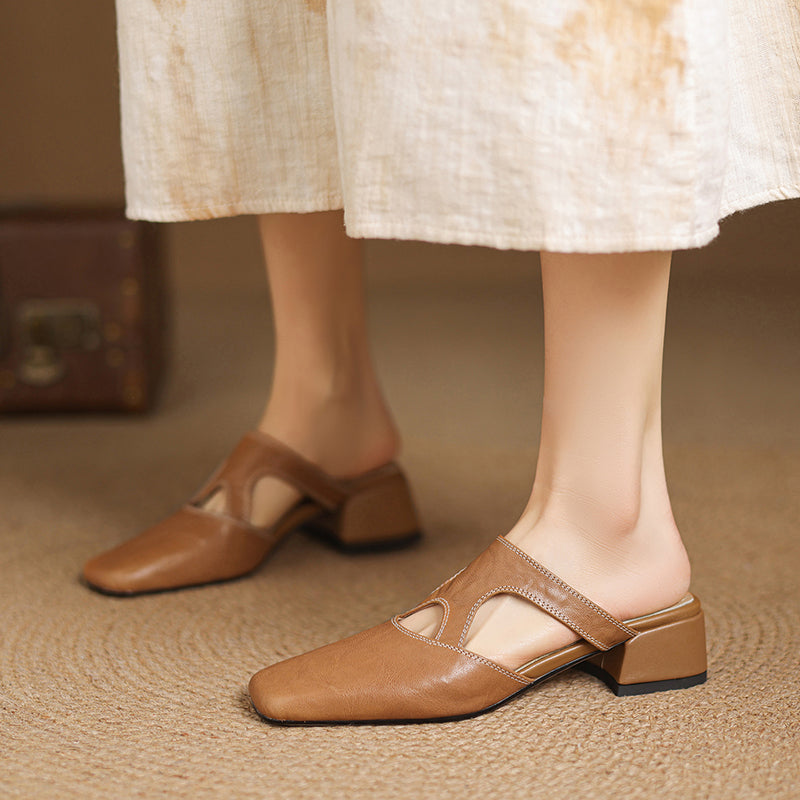 Tan natural leather mule flats with low block heel and ankle cutout strap detail