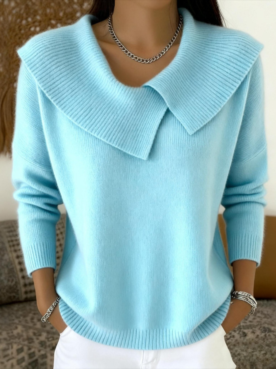 Light blue knit sweater with soft fold-over collar and V-neck, long sleeves
