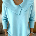 Light blue knit sweater with soft fold-over collar and V-neck, long sleeves