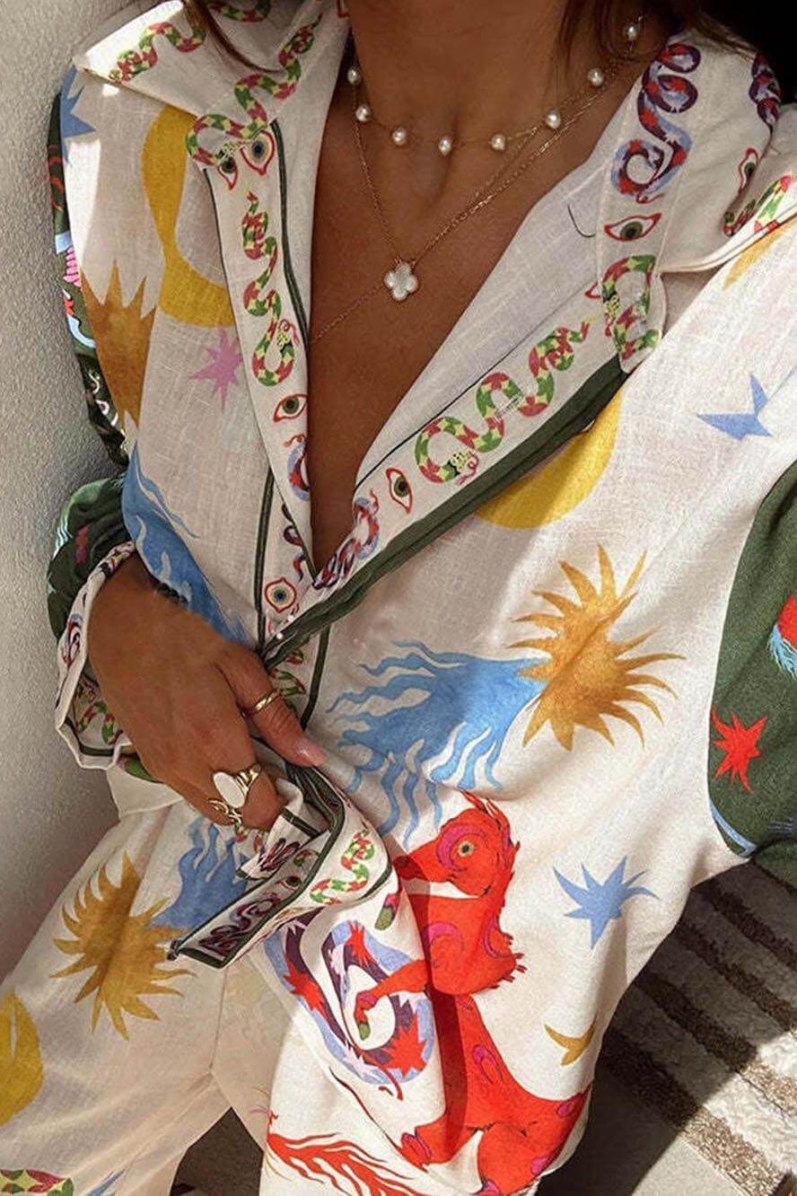 Two-piece set close-up: multicolor trim V-neck button placket on printed shirt