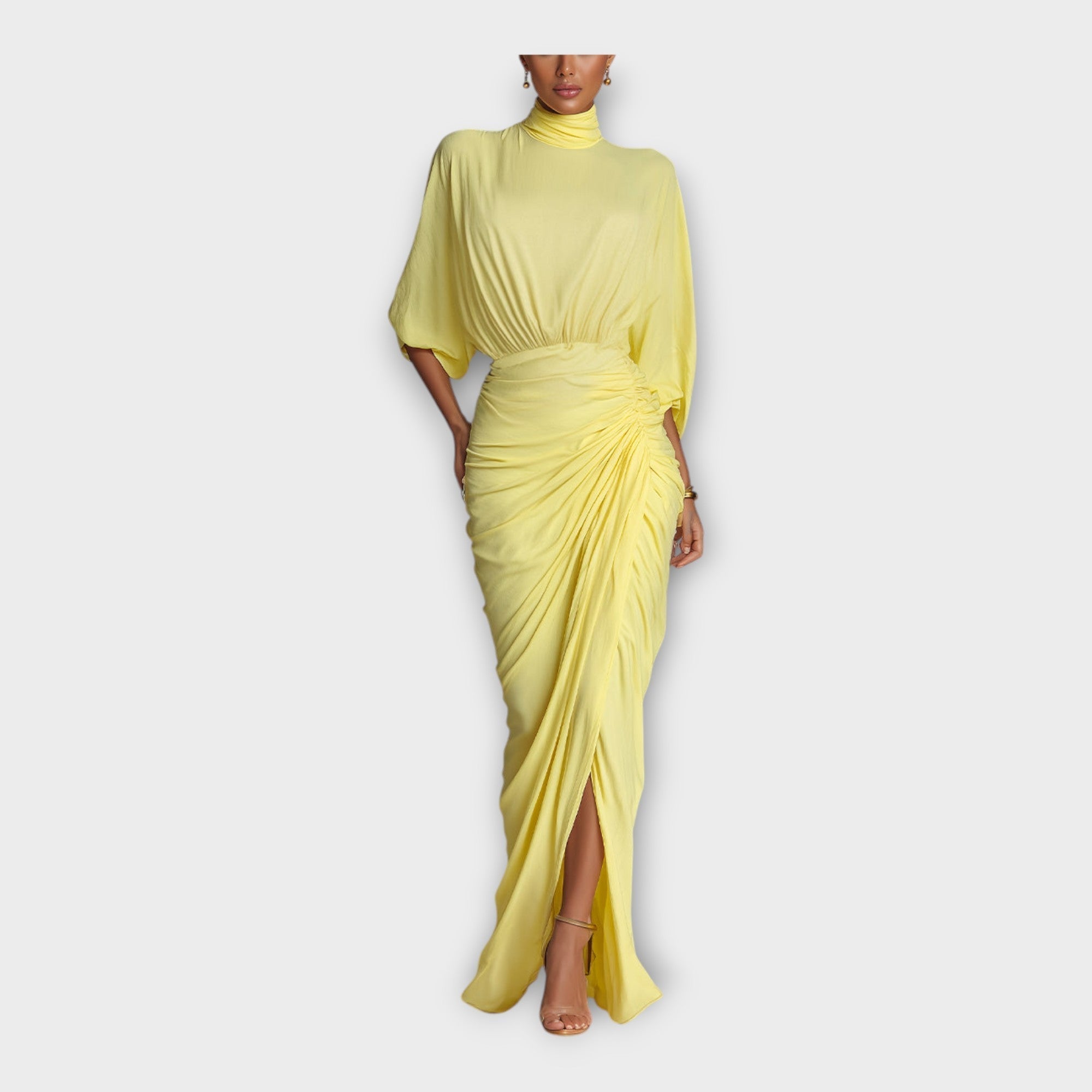 Yellow maxi dress with high neck, flowing dolman sleeves, ruched side drape