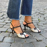Lara medium-heel sandals with black T-strap and buckle, woven peep toe