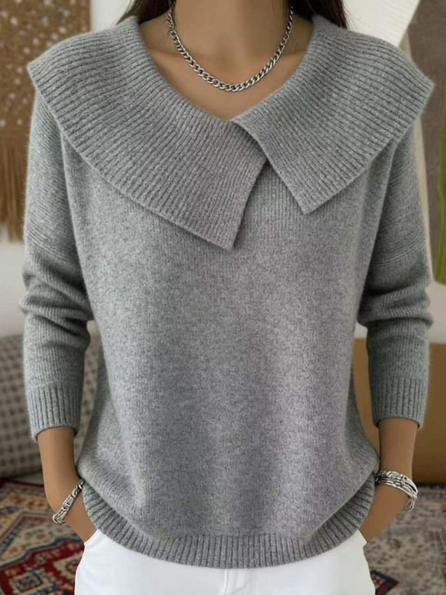 Gray knit sweater with soft fold-over collar and V-neck, long sleeves