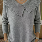 Gray knit sweater with soft fold-over collar and V-neck, long sleeves