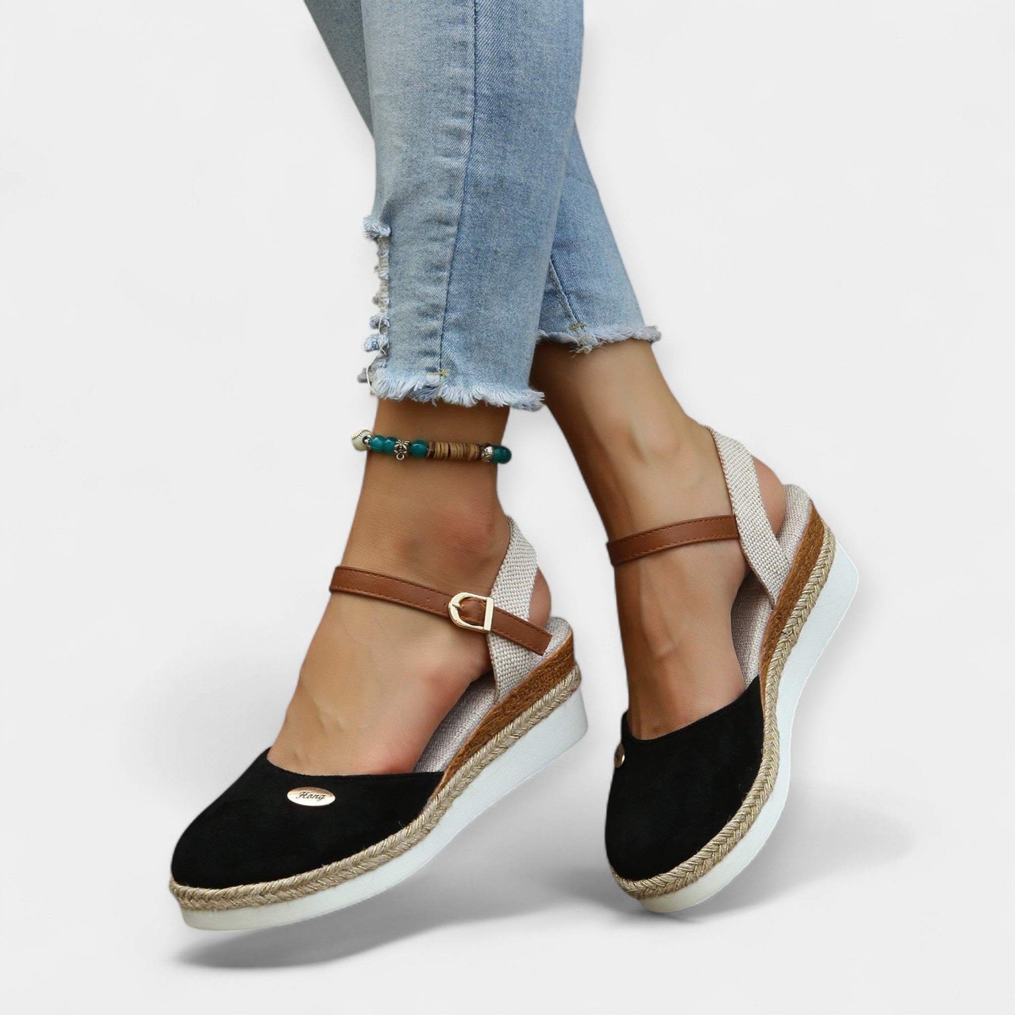 Orthopedic espadrilles with ankle strap and buckle, black suede, jute-woven wedge sole.