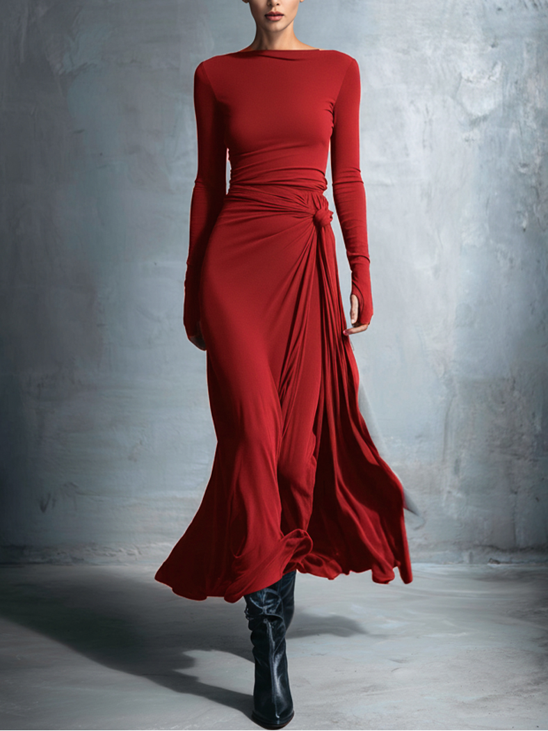 Burgundy maxi silk dress with long sleeves, ruched front, and knotted waist detail