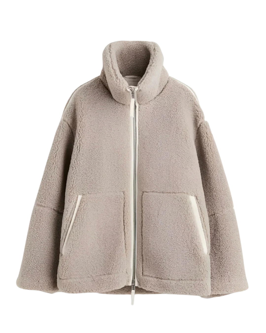 Light taupe sherpa zip-up winter jacket with high collar and two front flap pockets