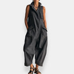 Black sleeveless jumpsuit with button front and large cargo pockets