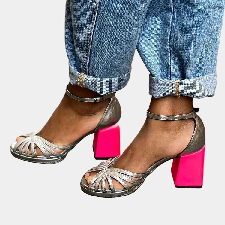 Bi-color ankle-strap sandals, silver straps, pink block heel, braided toe detail