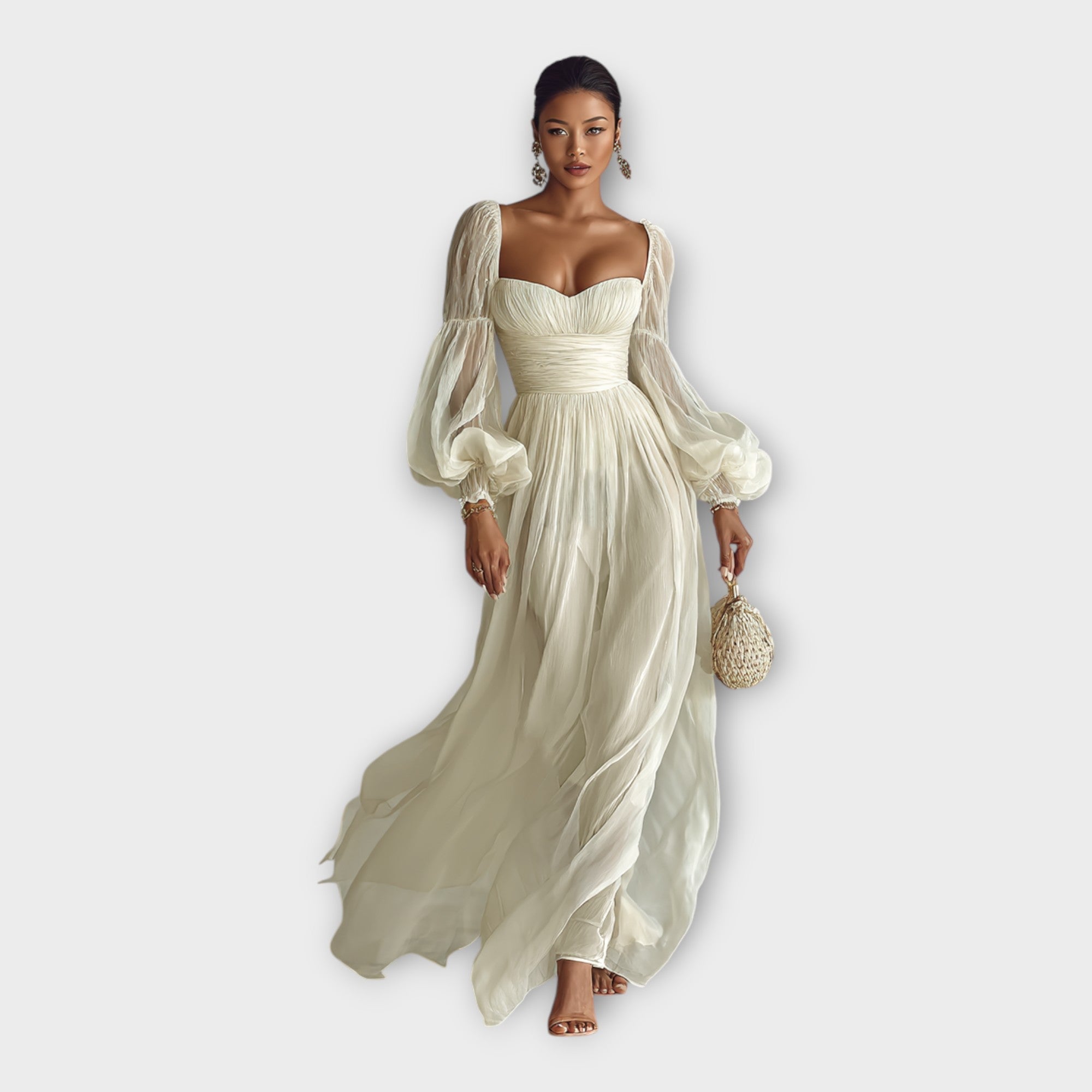 Light cream romantic maxi dress with off-shoulder square neckline, puff sleeves, smocked waist