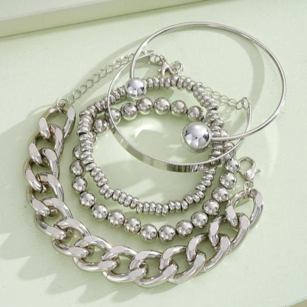Silver-tone overlapping bracelet set with beaded cuffs and chunky chain links, 5 pieces