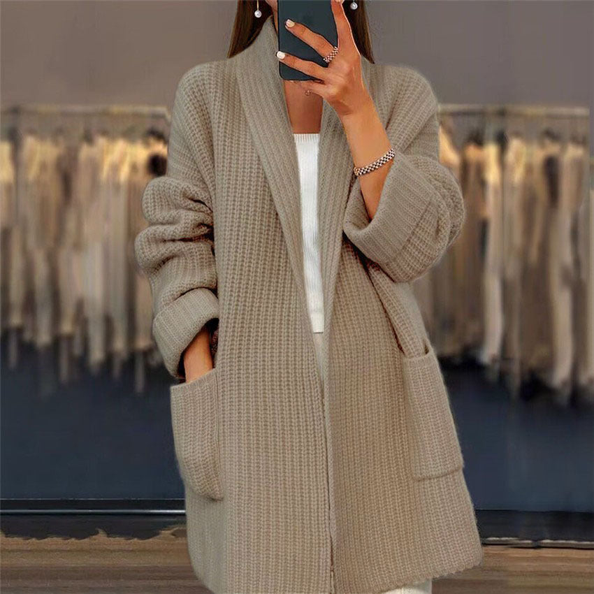 Camel knit cardigan with shawl collar, long sleeves and front patch pockets