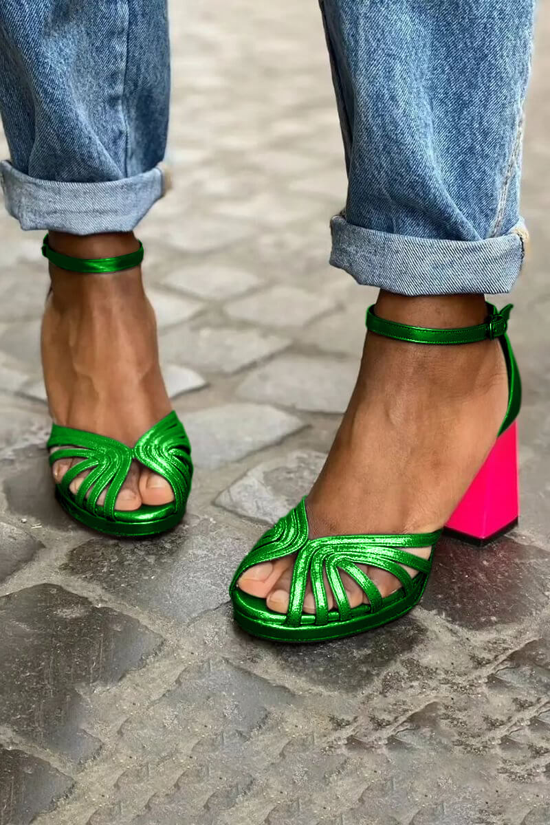 Bi-color ankle-strap sandals, green straps, pink block heel